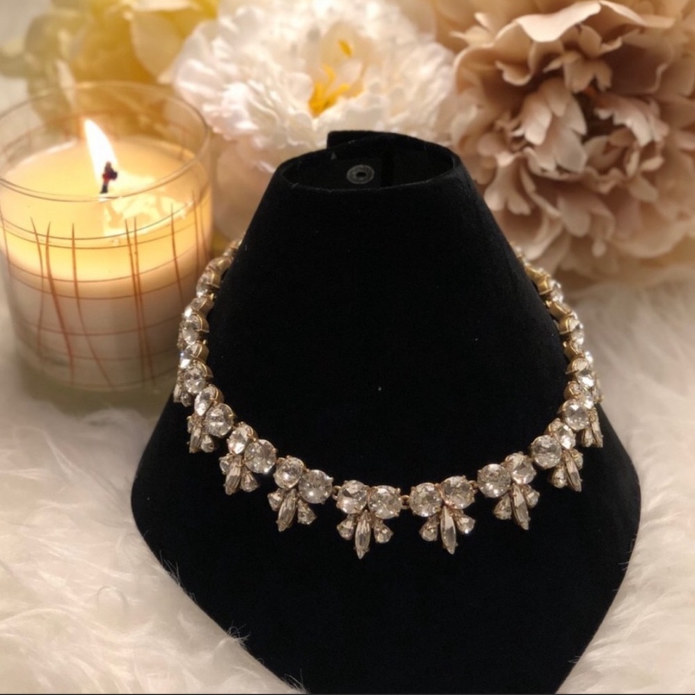 J. Crew Gold and White Statement Rhinestone Necklace